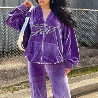 Set: Long Sleeve Rhinestone Lettering Jacket + Sweatpants