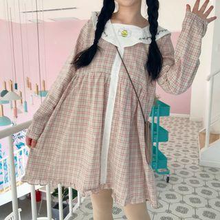 Long-sleeve Embroidered Plaid Mini Dress
