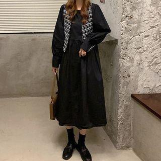 Long-sleeve Midi A-line Dress / Open-front Tweed Vest