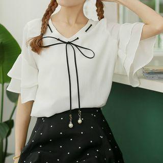 Lace-up Short-sleeve Chiffon Top