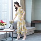 Short-sleeve Flower Print Midi A-line Dress