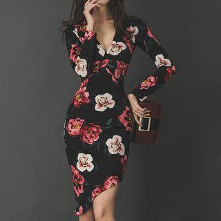 Long-sleeve V-neck Floral Sheath Dress