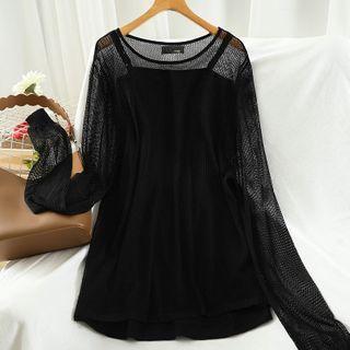Set: Long-sleeve Mesh T-shirt + Camisole Top Black - One Size