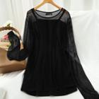 Set: Long-sleeve Mesh T-shirt + Camisole Top Black - One Size