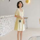 Plain Short-sleeve Buttoned A-line Dress