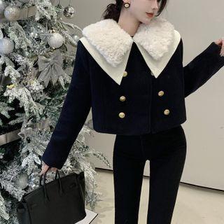 Contrast Collar Double-breasted Cropped Jacket Navy Blue - One Size