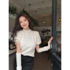 Set: Puff-sleeve Knit Top + Fingerless Gloves White - One Size