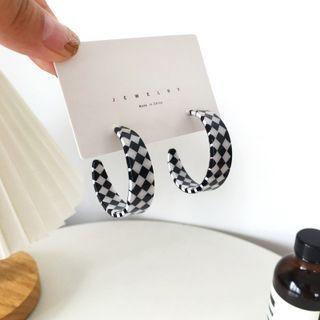 Checker Resin Open Hoop Earring 1 Pair - Black & White - One Size