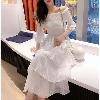 Off-shoulder Plain Layered Dress