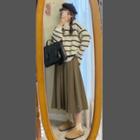 Striped Sweater / Pleated Midi A-line Skirt / Set