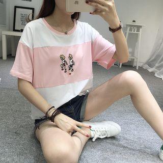 Short-sleeve Color Block Embroidered T-shirt