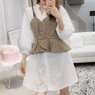 Set: Long-sleeve A-line Shirt Dress + Check Peplum Top