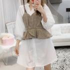 Set: Long-sleeve A-line Shirt Dress + Check Peplum Top