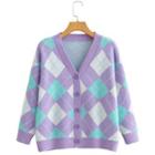 V-neck Argyle Cardigan Purple & Blue & White - One Size