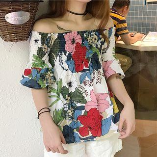 Floral Print Off-shoulder Elbow-sleeve Blouse