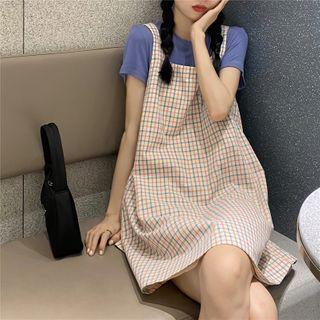 Short-sleeve T-shirt / Plaid Mini A-line Jumper Dress