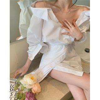 Long-sleeve Off-shoulder Mini Wrap Dress
