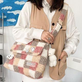 Checker Print Faux Shearling Crossbody Bag