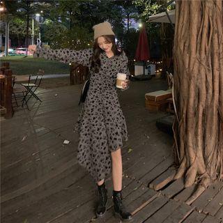 Long-sleeve Floral Print Asymmetric Midi Dress