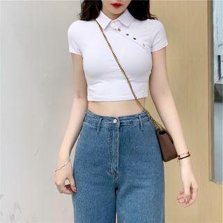Short-sleeve Asymmetric Buttoned Cropped T-shirt White - One Size