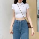 Short-sleeve Asymmetric Buttoned Cropped T-shirt White - One Size