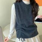 Plain Long-sleeve Top / Drawstring Knit Vest