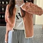 Plaid Long-sleeve Cardigan Tangerine - One Size