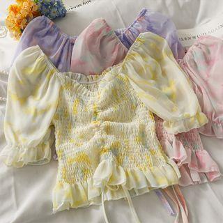 Off-shoulder Drawstring Smocked Crop Top