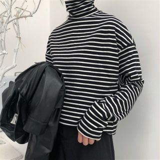 Mock-turtleneck Long-sleeve Striped T-shirt Stripes - Black & White - One Size