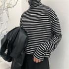 Mock-turtleneck Long-sleeve Striped T-shirt Stripes - Black & White - One Size