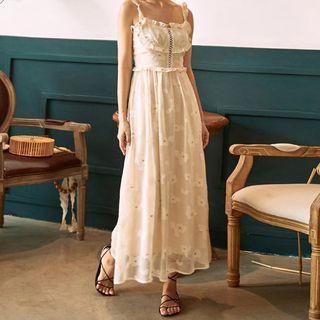 Spaghetti-strap Embroidered Maxi A-line Dress