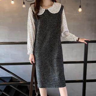 Set: Floral Print Blouse + Knit Pinafore Dress