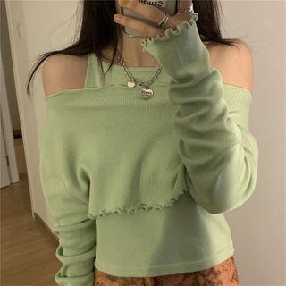 Set: Long-sleeve Knit Top + Spaghetti Strap Knit Top