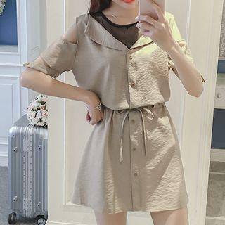 Mock Two-piece Elbow-sleeve Cutout Shirt Dress