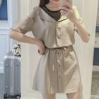 Mock Two-piece Elbow-sleeve Cutout Shirt Dress