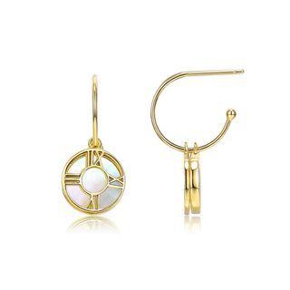 925 Sterling Silver Plated Gold Fashion Roman Numeral Round Mother-of-pearl Earrings Golden - One Size