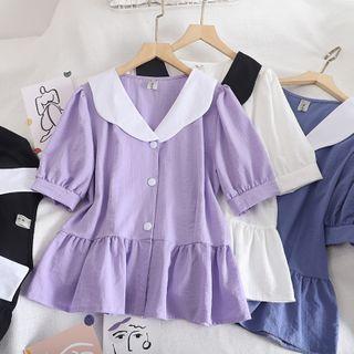 Short-sleeve Contrast Collar Buttoned Blouse