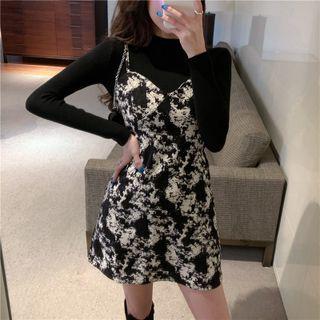 Set: Long-sleeve Mock-neck Top + Tie-dyed Mini A-line Overall Dress