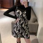 Set: Long-sleeve Mock-neck Top + Tie-dyed Mini A-line Overall Dress