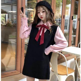 Bow Ruffle Long-sleeve Blouse / Long Vest