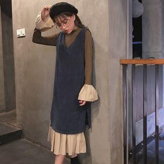 Set: Long-sleeve Midi A-line Dress + V-neck Corduroy Vest
