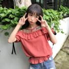 Mesh Panel Frill Trim Cut Out Shoulder Short Sleeve T-shirt