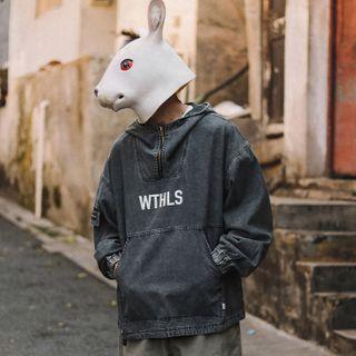 Lettering Half-zip Denim Hoodie