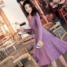 V-neck Long-sleeve Pleated Knit Midi Dress