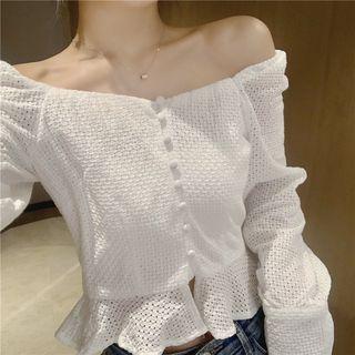 Puff-sleeve Buttoned Cropped Blouse White - One Size