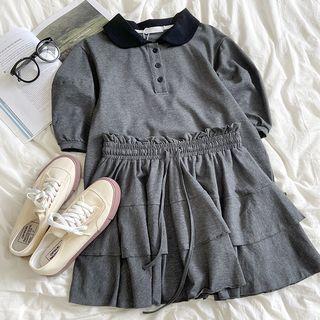 Short-sleeve Polo Collar Top / Drawstring Layer A-line Mini Skirt