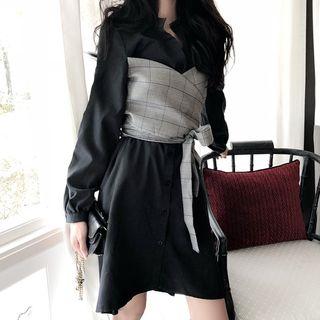 Mock Two Piece Long-sleeve A-line Dress Black - One Size