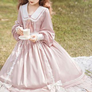 Lantern-sleeve Collar Ribbon Midi A-line Dress