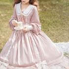 Lantern-sleeve Collar Ribbon Midi A-line Dress
