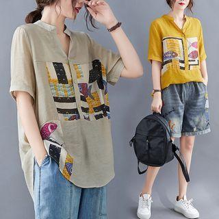 Short-sleeve Print Panel Henley Blouse